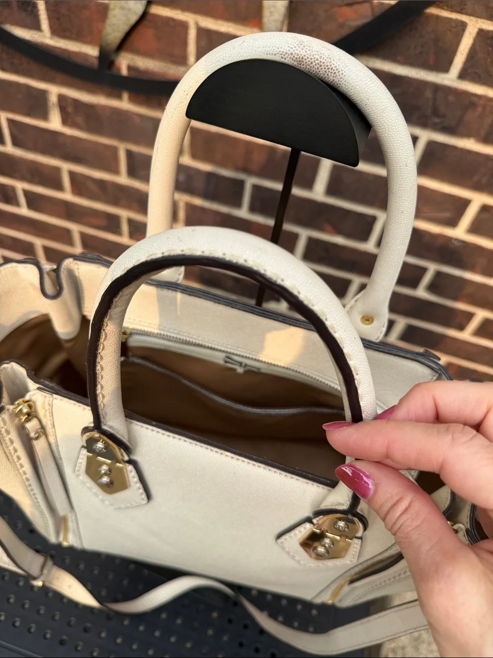 Henri Bendel West 57th Cream Saffiano Leather Satchel Crossbody Bag